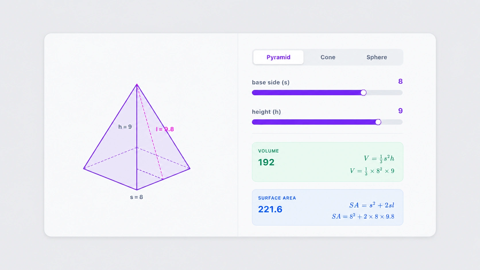 Interactive geometry activity: pyramid volume and surface area